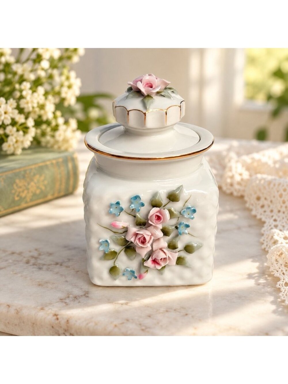 Vintage Lefton Porcelain Vanity Jar Roses Handpainted Japan Cottagecore Coquette